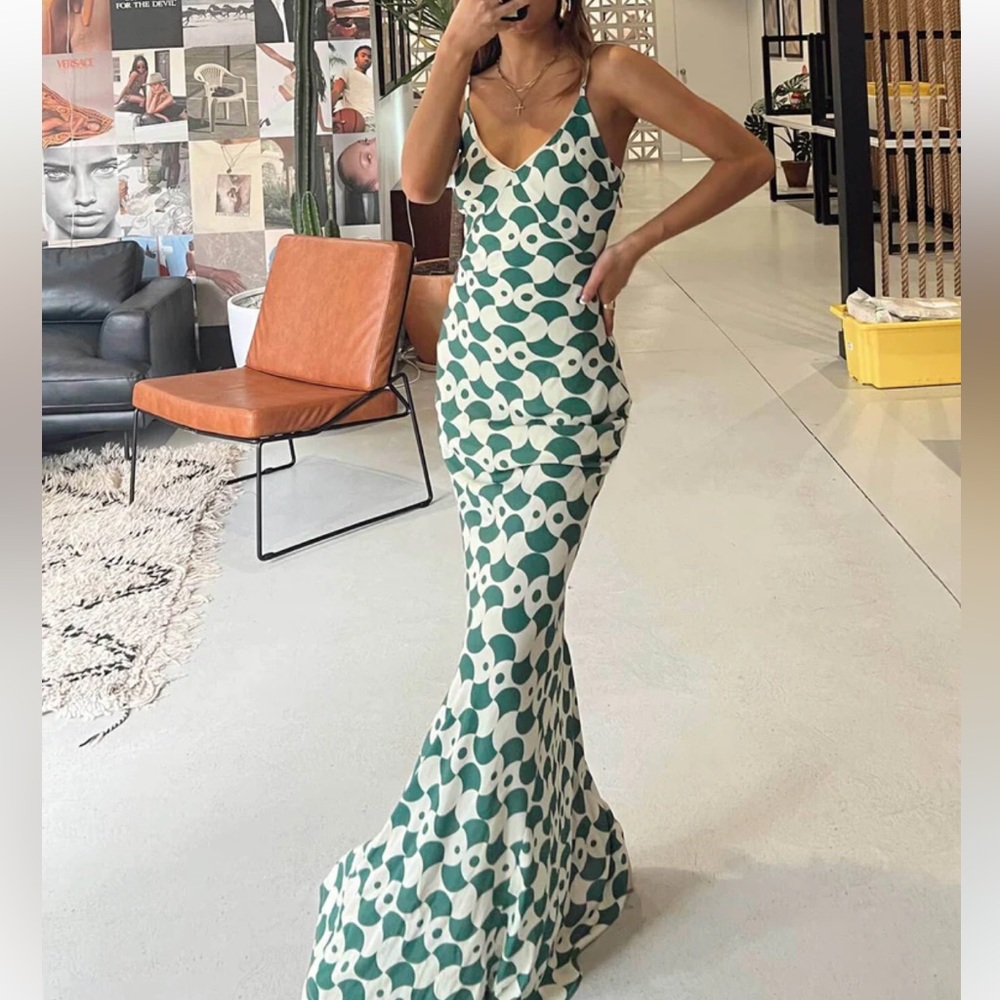 Green and White Princess Polly Maxi Dress with small stain